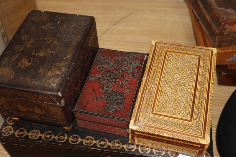 Two Chinese black and gilt lacquer boxes and two other boxes (4)